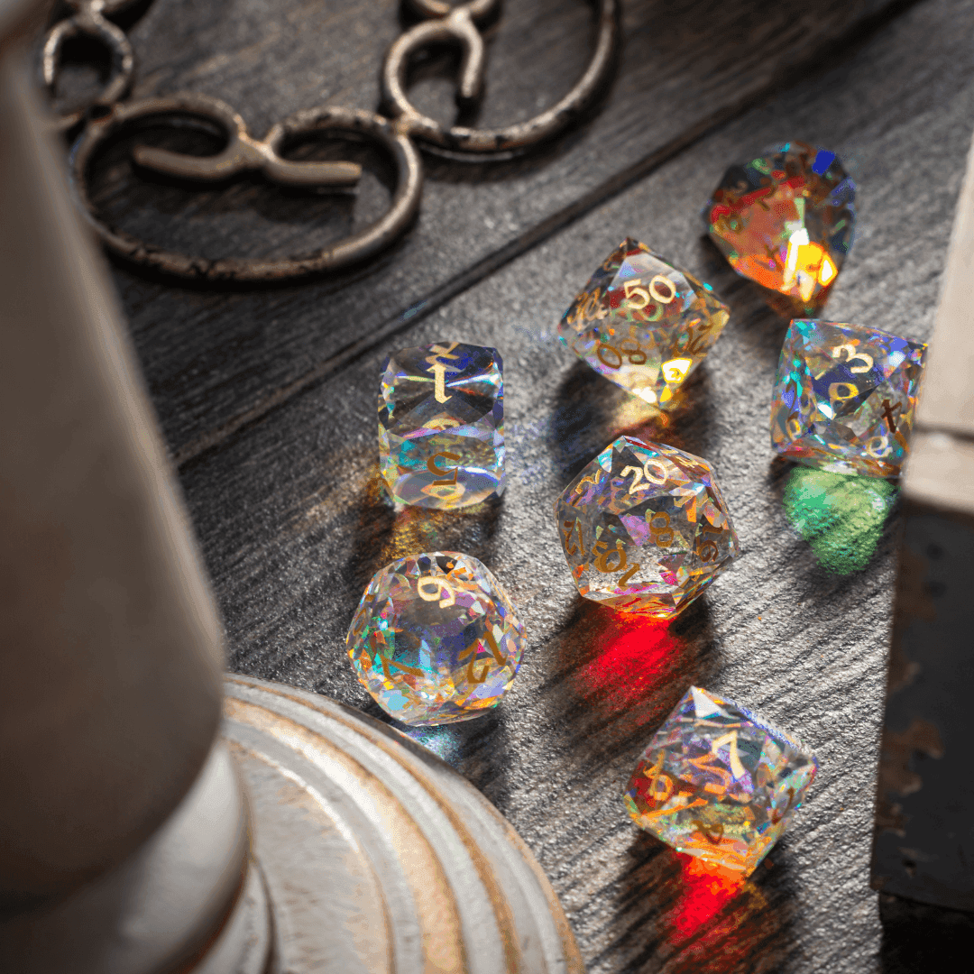 Dwarf Cut Dichroic Glass Premium DND Dice Set - Full Set And Free Dice Box