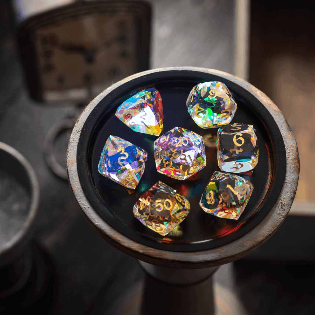 Dwarf Cut Dichroic Glass Premium DND Dice Set - Full Set And Free Dice Box