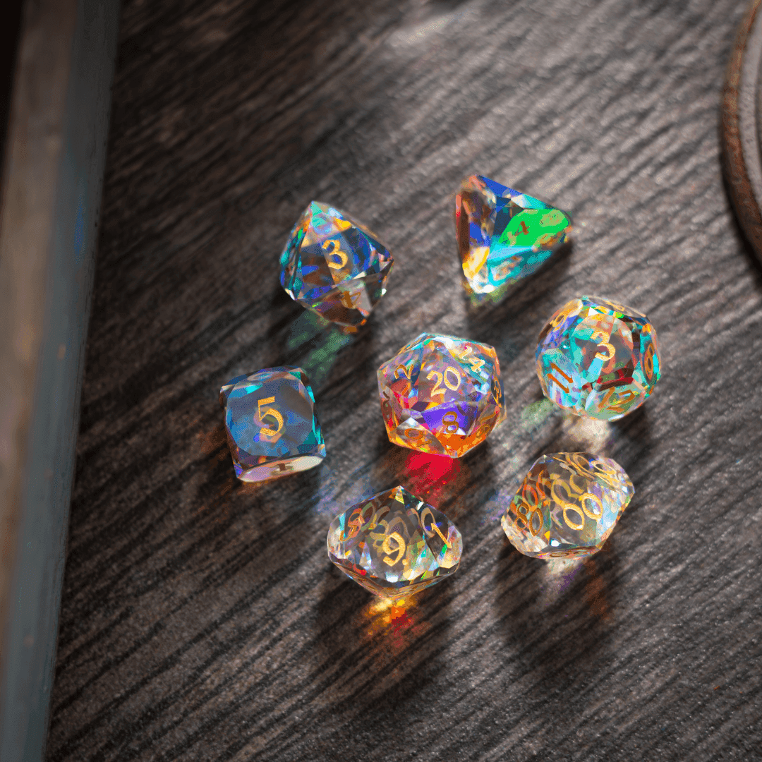 Dwarf Cut Dichroic Glass Premium DND Dice Set - Full Set And Free Dice Box