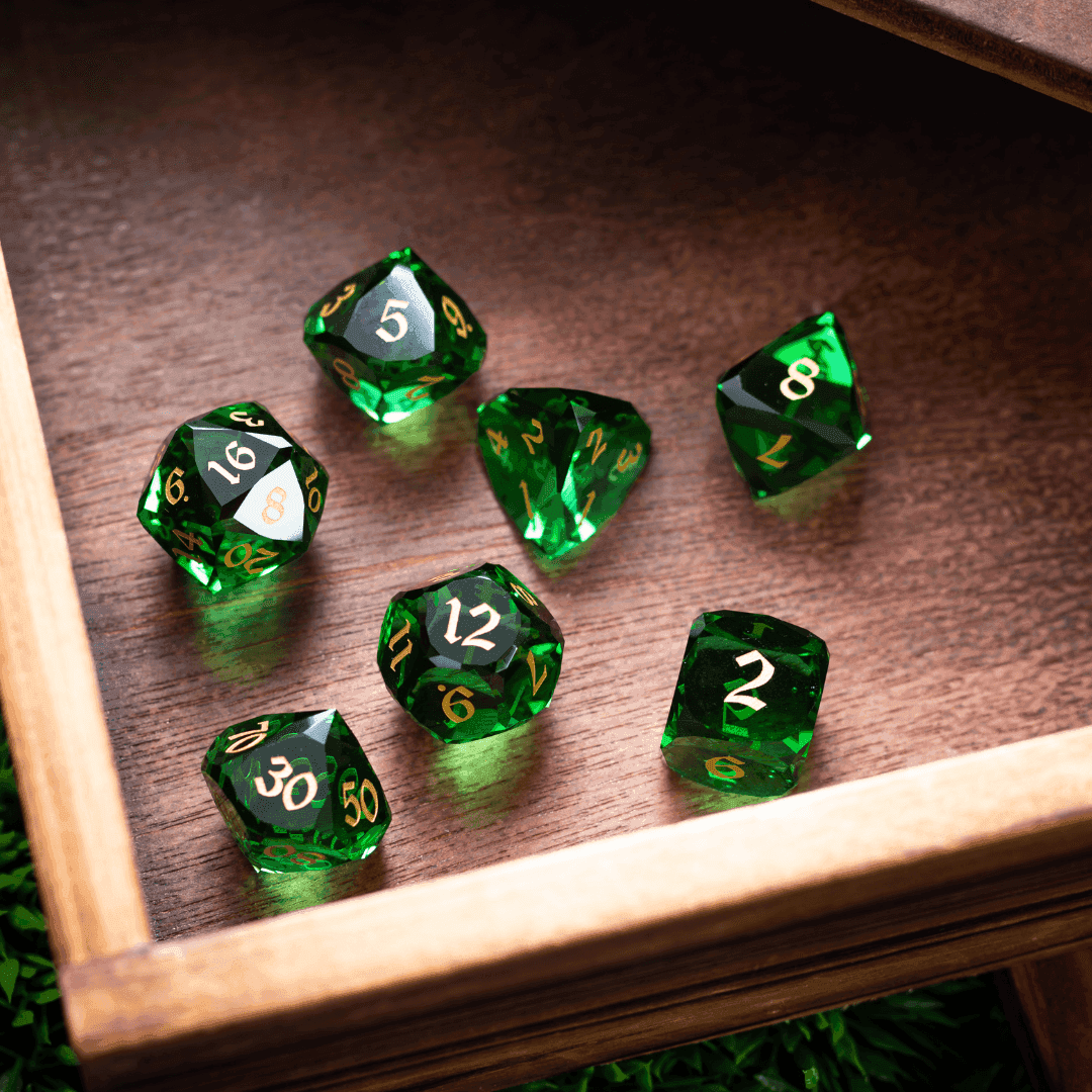Dwarf Cut Green Gemstone Glass Premium DND Dice Set - Full Set And Free Dice Box