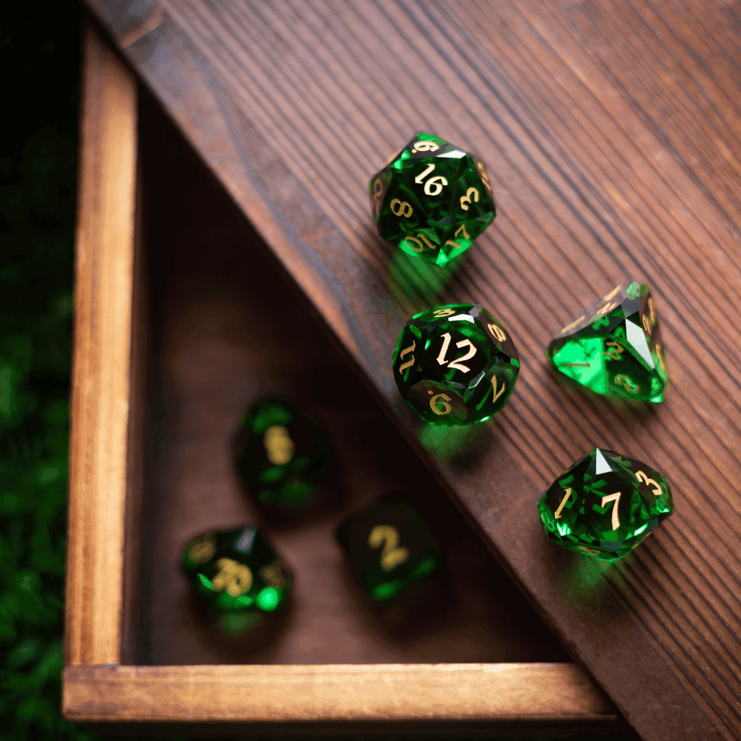 Dwarf Cut Green Gemstone Glass Premium DND Dice Set - Full Set And Free Dice Box