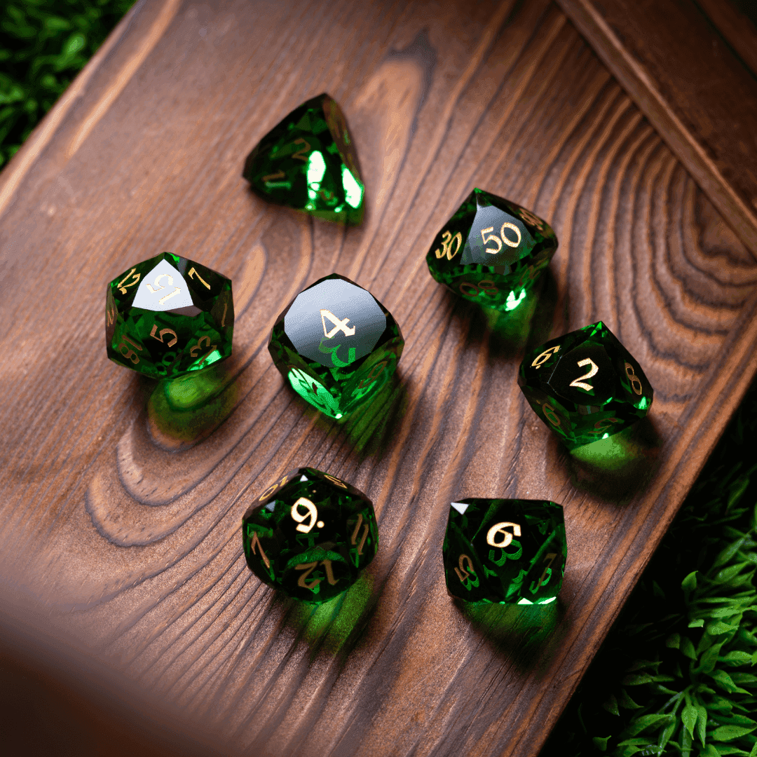 Dwarf Cut Green Gemstone Glass Premium DND Dice Set - Full Set And Free Dice Box