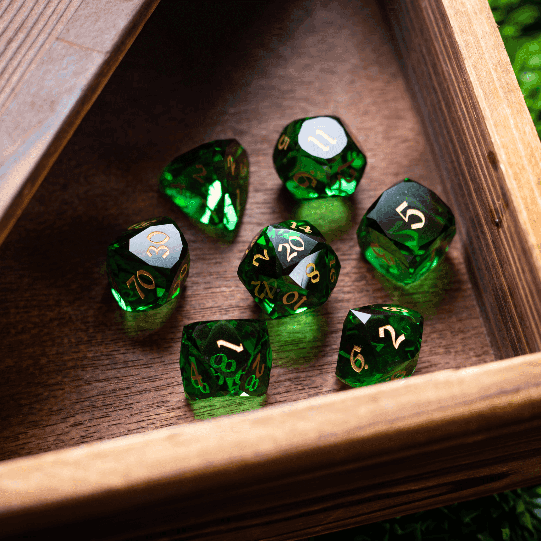 Dwarf Cut Green Gemstone Glass Premium DND Dice Set - Full Set And Free Dice Box