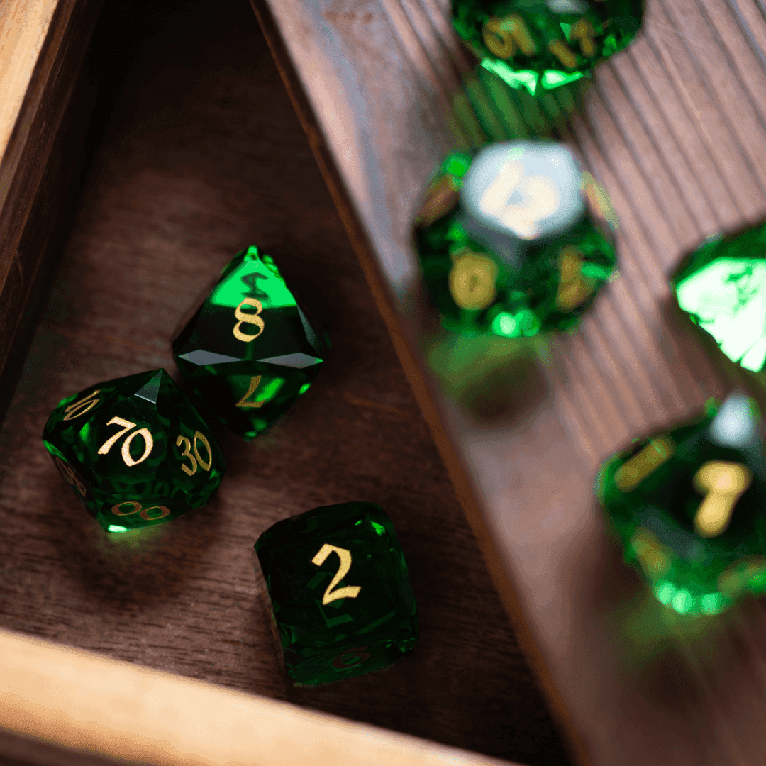 Dwarf Cut Green Gemstone Glass Premium DND Dice Set - Full Set And Free Dice Box