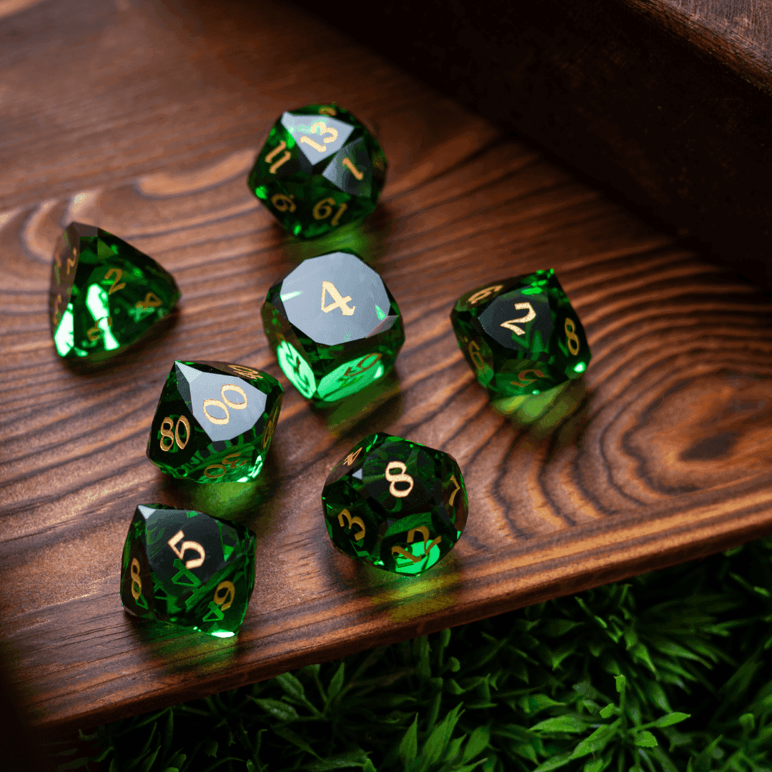 Dwarf Cut Green Gemstone Glass Premium DND Dice Set - Full Set And Free Dice Box