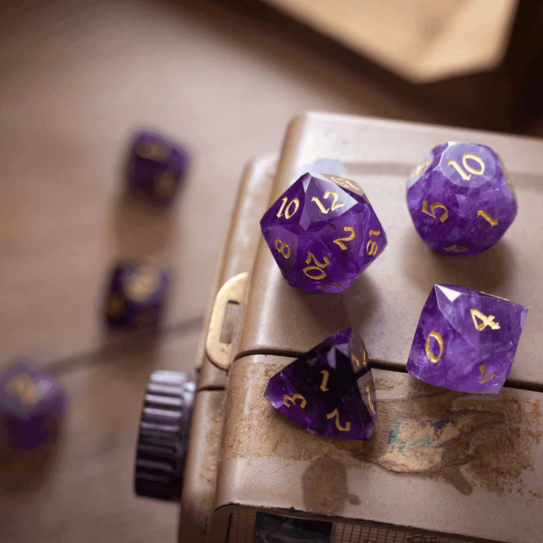 Dwarf Cut Purple Amethyst Gemstone Premium DND Dice Set - Full Set And Free Dice Box