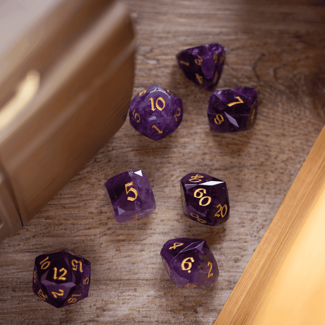 Dwarf Cut Purple Amethyst Gemstone Premium DND Dice Set - Full Set And Free Dice Box