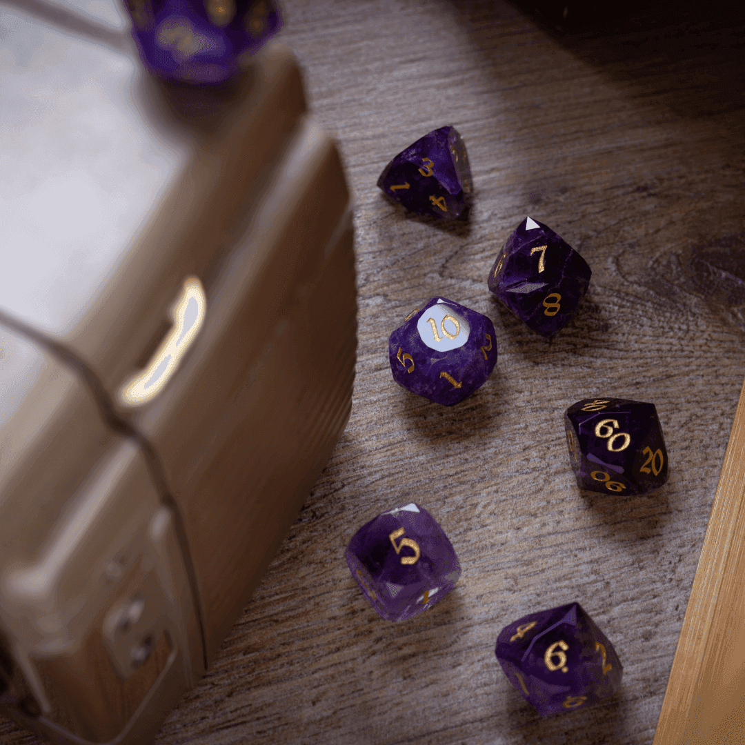 Dwarf Cut Purple Amethyst Gemstone Premium DND Dice Set - Full Set And Free Dice Box