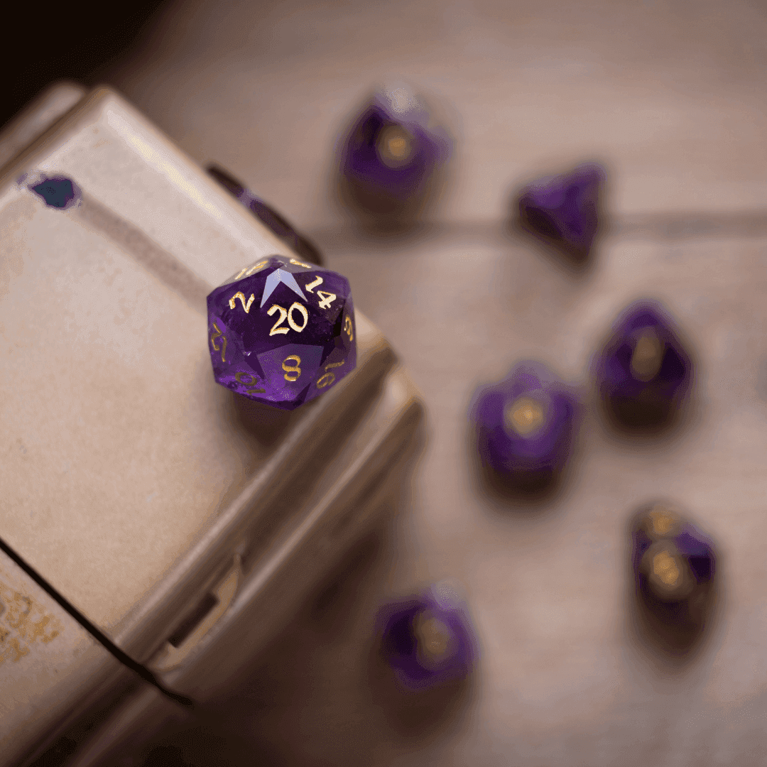 Dwarf Cut Purple Amethyst Gemstone Premium DND Dice Set - Full Set And Free Dice Box