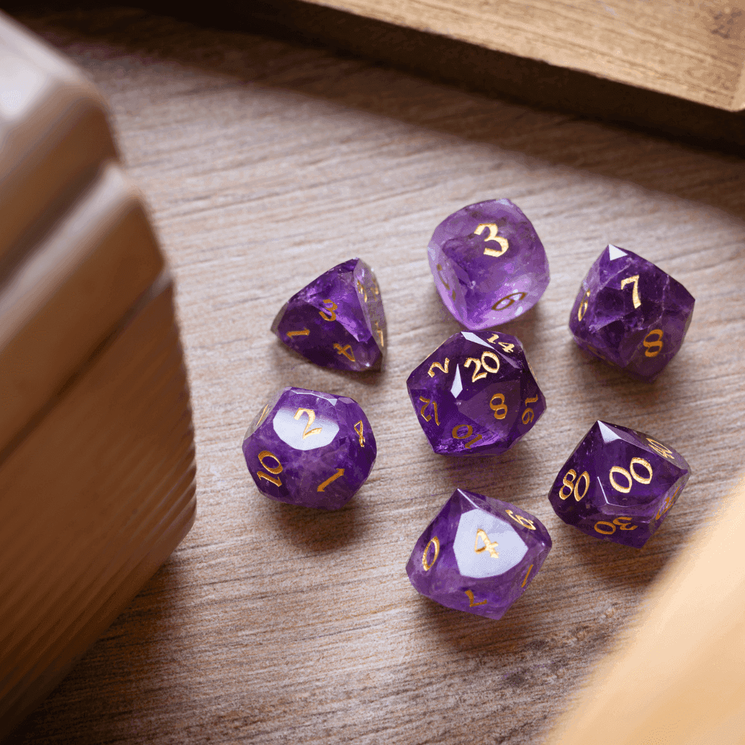 Dwarf Cut Purple Amethyst Gemstone Premium DND Dice Set - Full Set And Free Dice Box