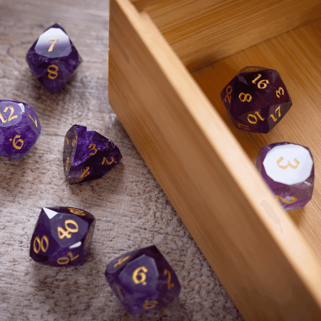 Dwarf Cut Purple Amethyst Gemstone Premium DND Dice Set - Full Set And Free Dice Box