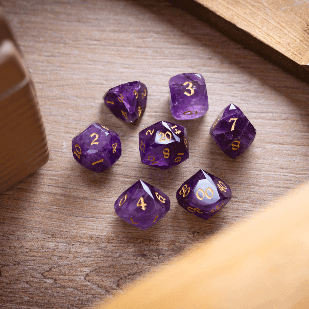 Dwarf Cut Purple Amethyst Gemstone Premium DND Dice Set - Full Set And Free Dice Box