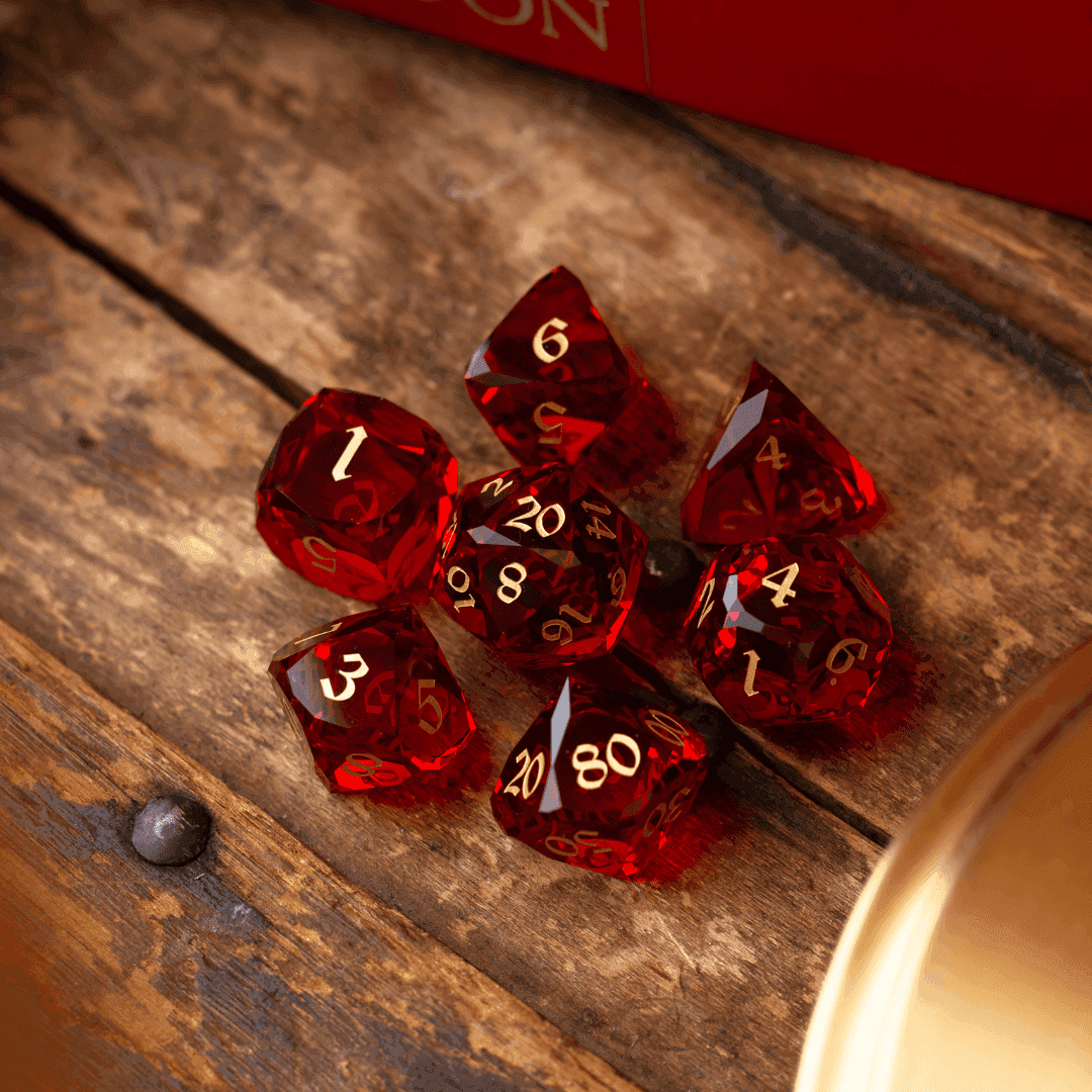 Dwarf Cut Red Gemstone Glass Premium DND Dice Set - Full Set And Free Dice Box