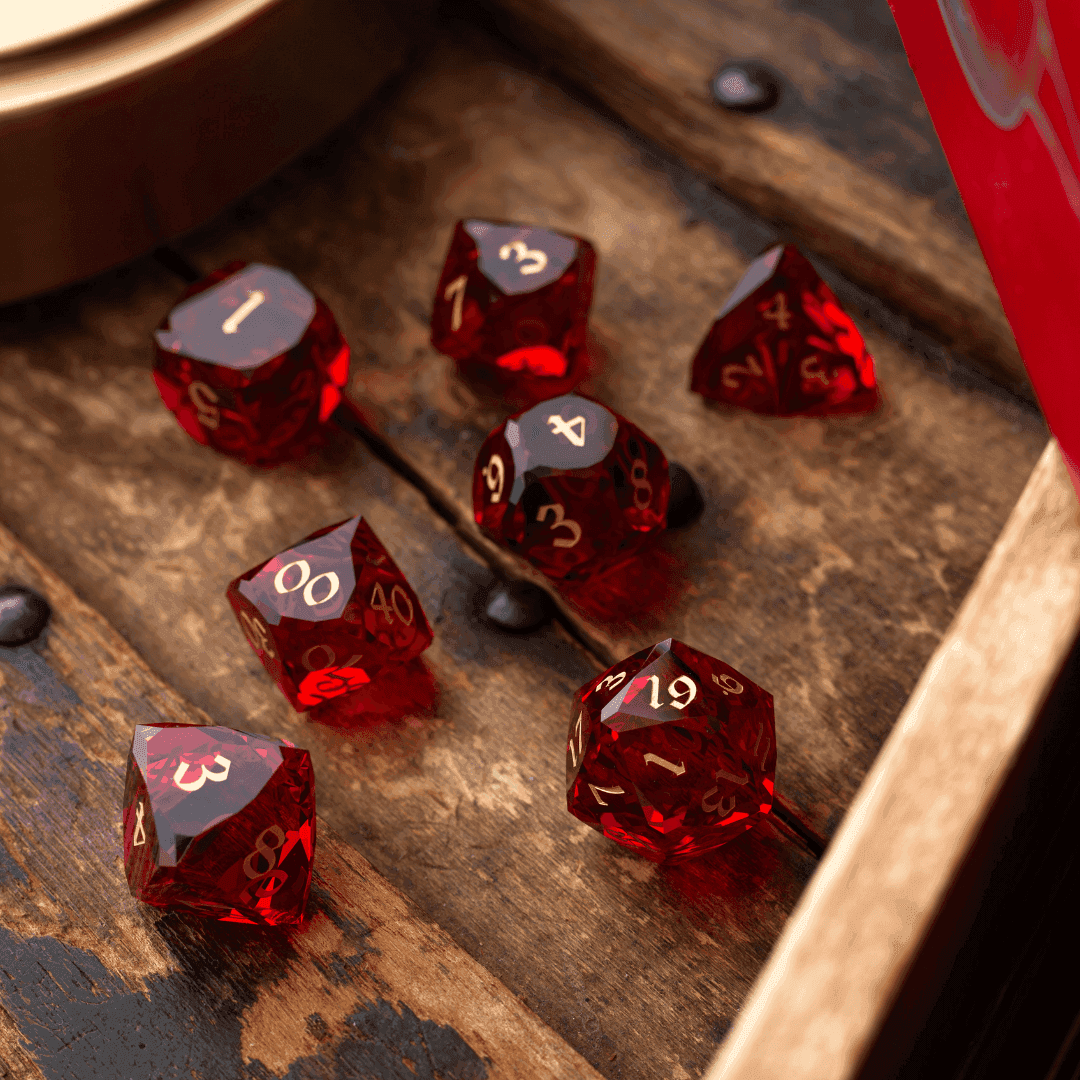 Dwarf Cut Red Gemstone Glass Premium DND Dice Set - Full Set And Free Dice Box