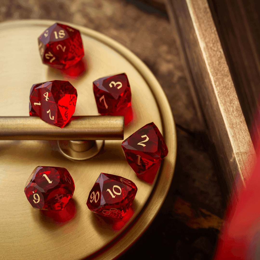 Dwarf Cut Red Gemstone Glass Premium DND Dice Set - Full Set And Free Dice Box