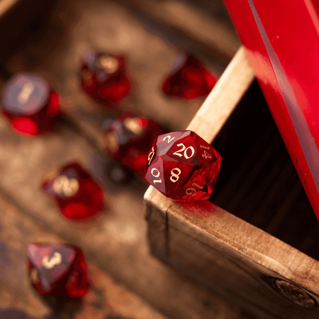 Dwarf Cut Red Gemstone Glass Premium DND Dice Set - Full Set And Free Dice Box