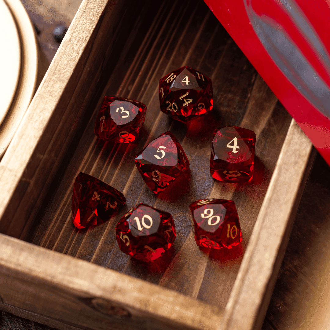 Dwarf Cut Red Gemstone Glass Premium DND Dice Set - Full Set And Free Dice Box
