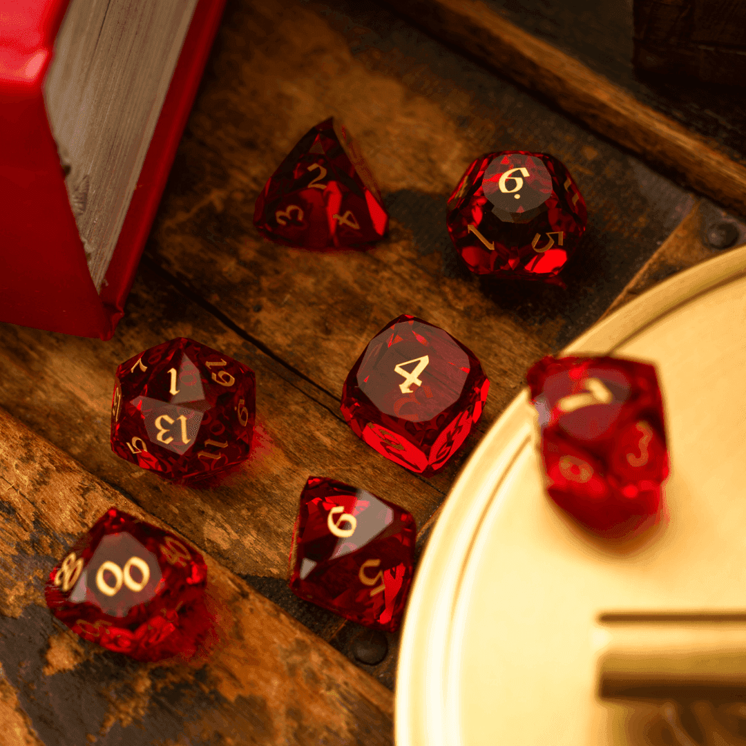 Dwarf Cut Red Gemstone Glass Premium DND Dice Set - Full Set And Free Dice Box