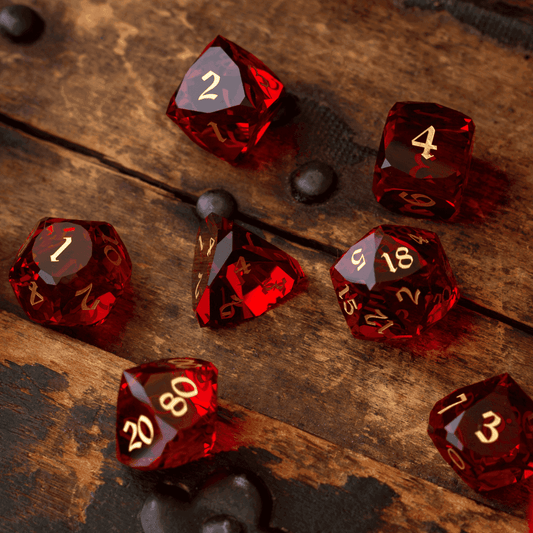 Dwarf Cut Red Gemstone Glass Premium DND Dice Set - Full Set And Free Dice Box