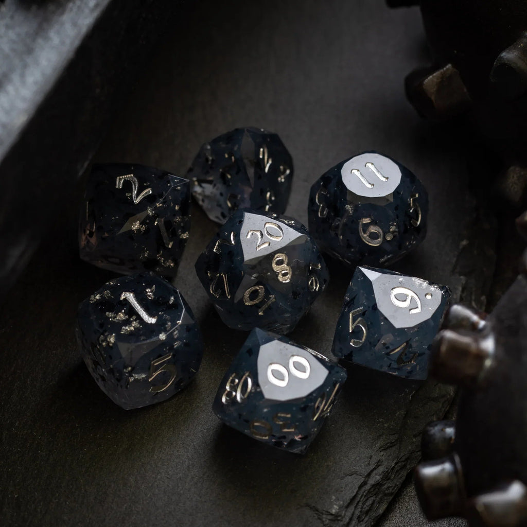 Dwarf Cut Smoky Midnight Handmade Resin DND Dice Set