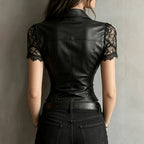 Black PU Leather Button Shirt with Lace Patchwork Cuffs – Gothic Slim Fit Top