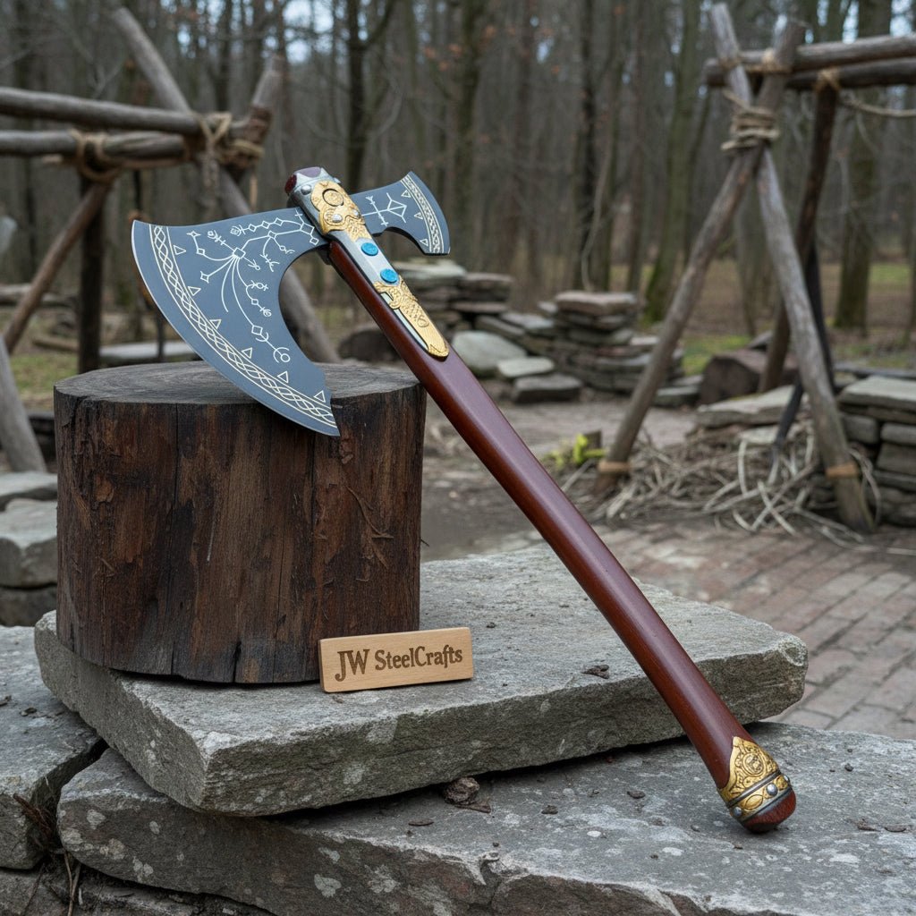Hand-Forged Viking Double-Bit Fantasy Display Axe with Engraved Head