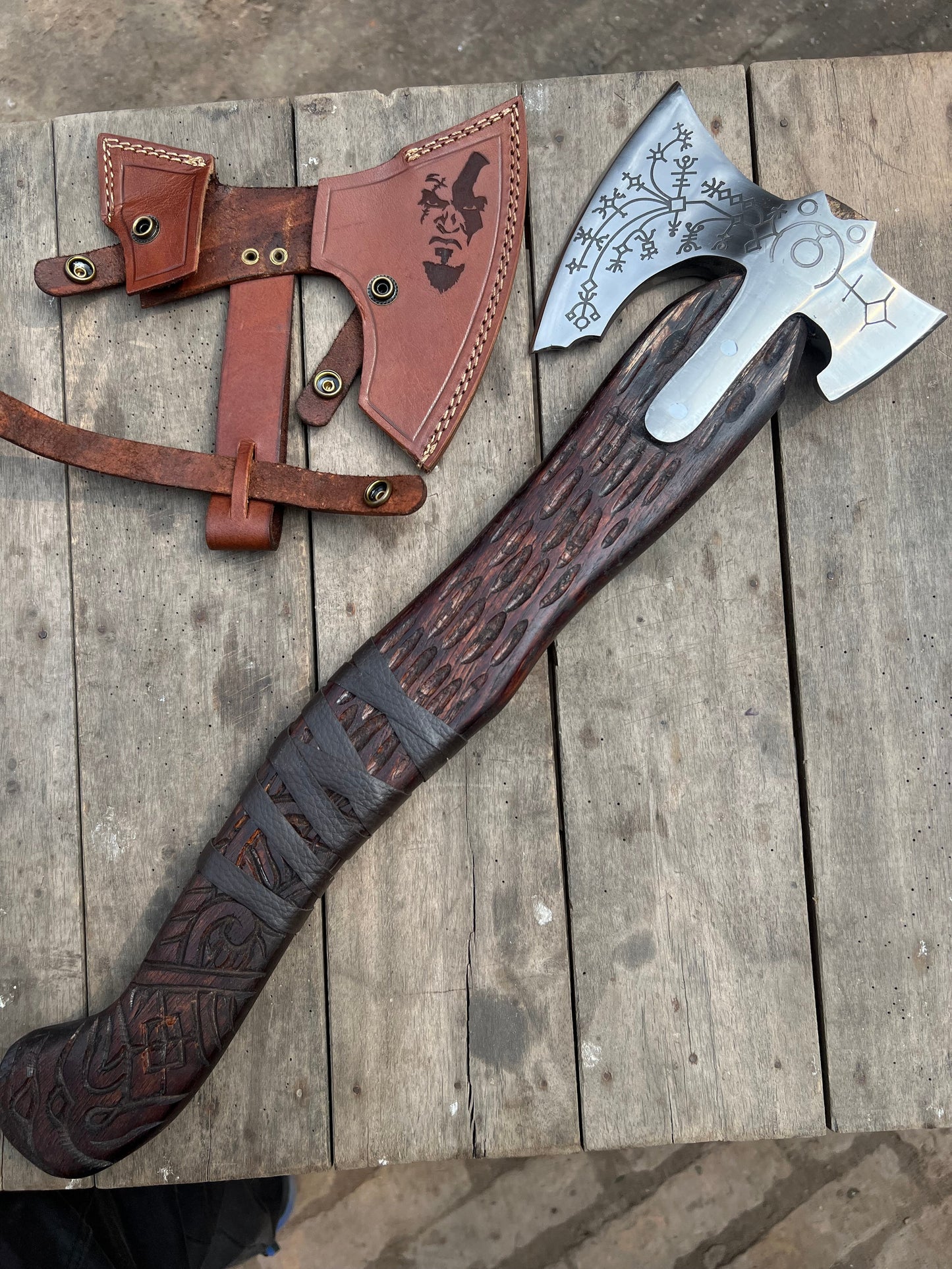 Hand Engraved Viking Double-Bit Axe with Carved Hardwood Handle and Norse Rune Detailing | Handmade Damascus Steel Collector Axe | JW SteelCrafts