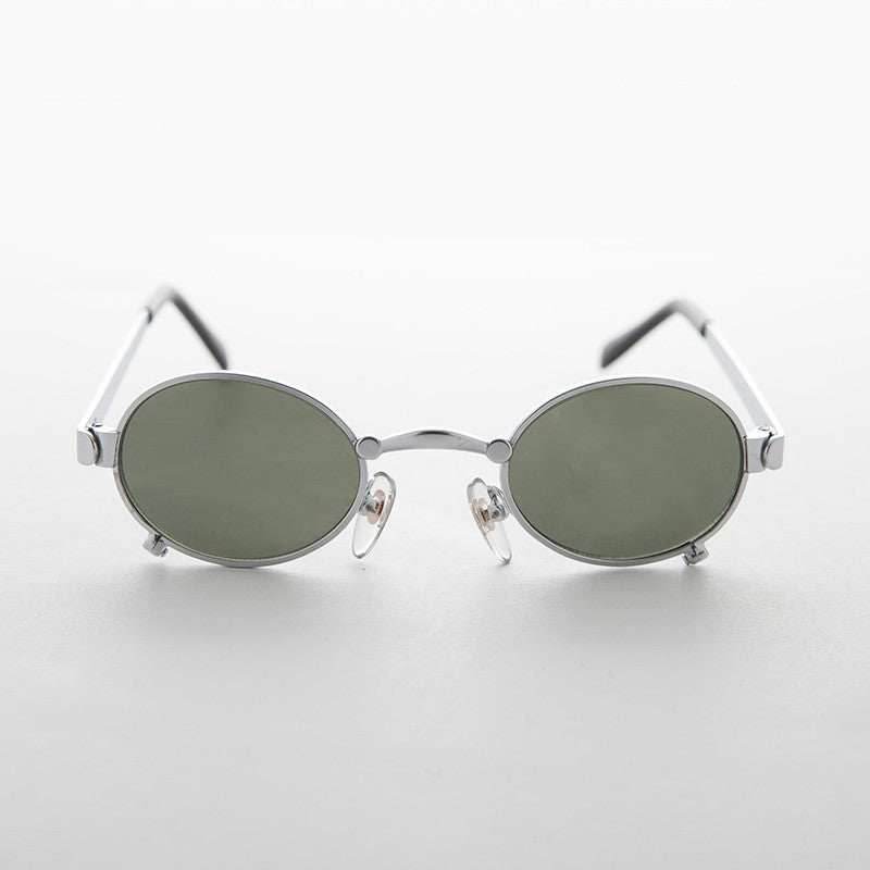 Small 90s Oval Steampunk Spectacle Vintage Sunglass - Edison - Silver / Green Lens