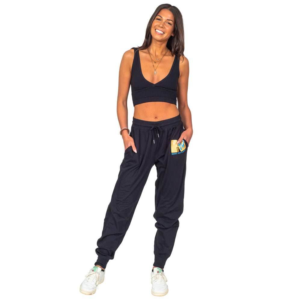 MTV Music Television Adult Unisex Everyday Cotton Jogger Pants - White Logo / S