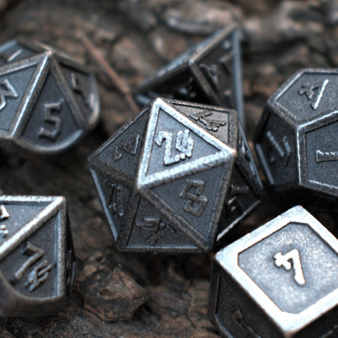 Elder Runes Battle-Worn Silver Metal Dice Set - 