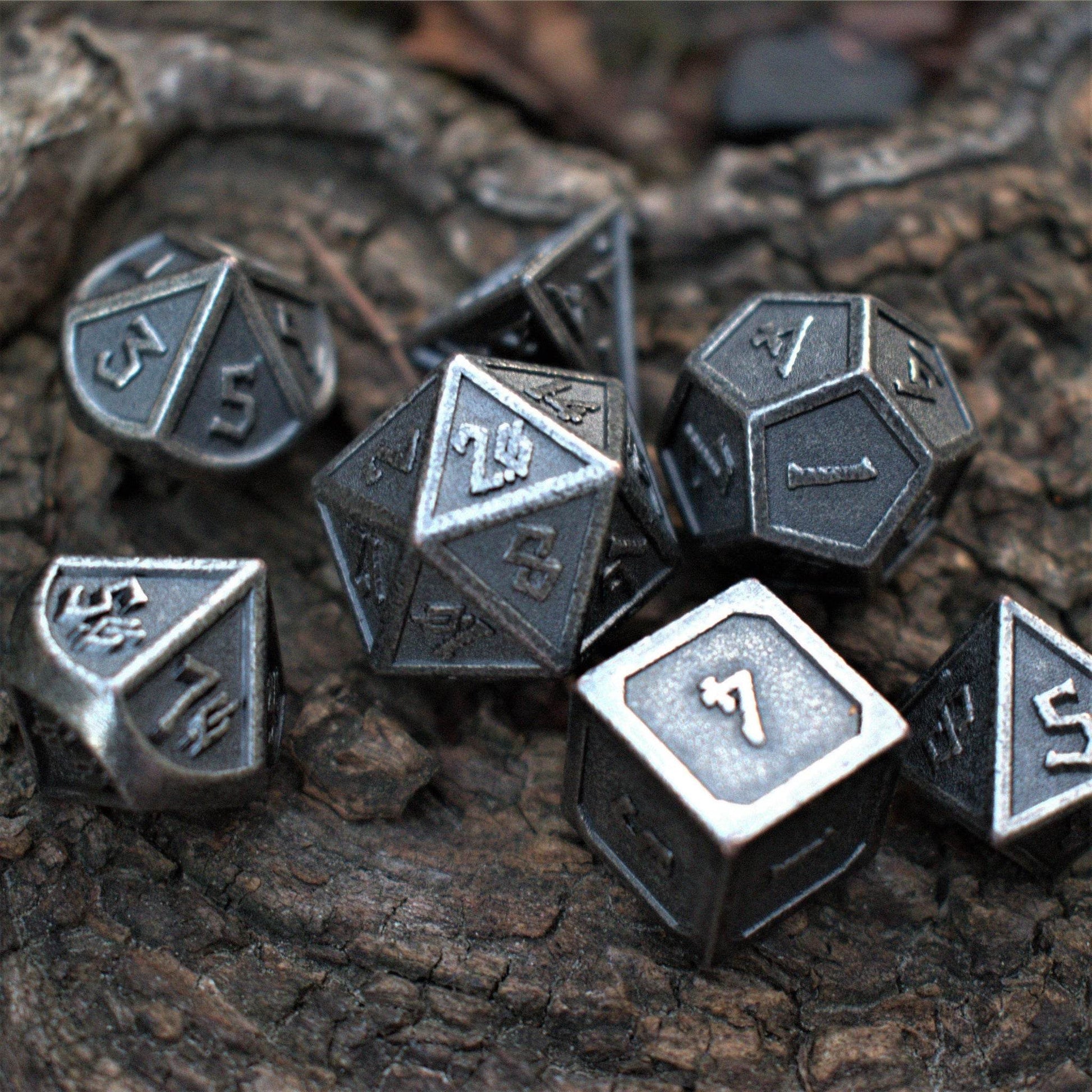 Elder Runes Battle-Worn Silver Metal Dice Set - 