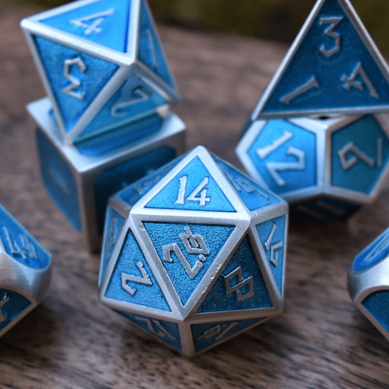 Elder Runes Electric Blue And Matte Silver Metal Dice Set - 