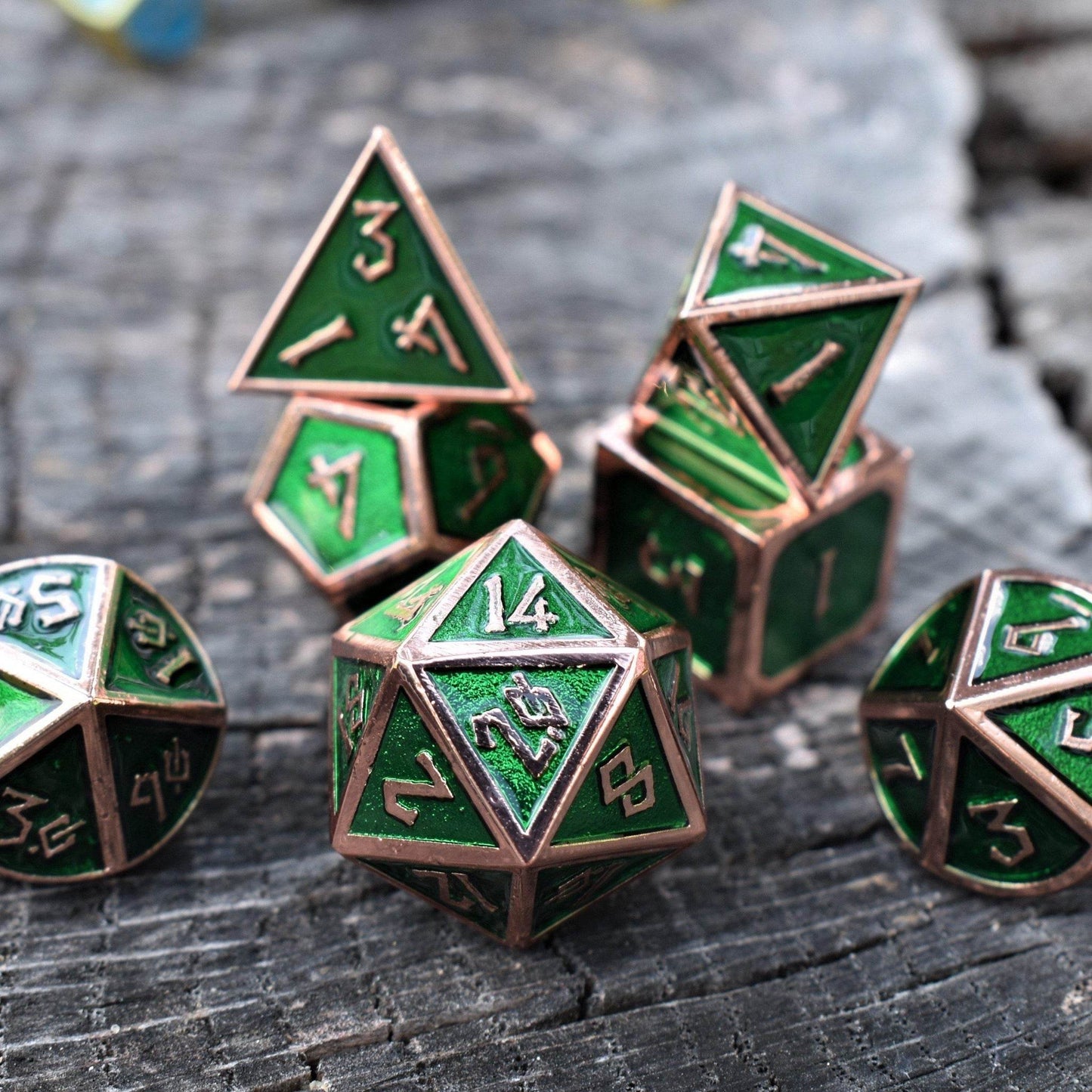 Elder Runes Emerald And Bronze Metal Dice Set - 