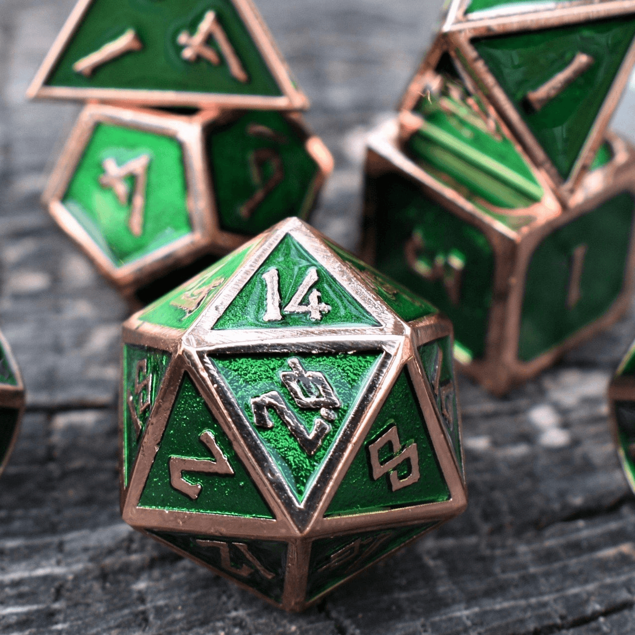 Elder Runes Emerald And Bronze Metal Dice Set - 