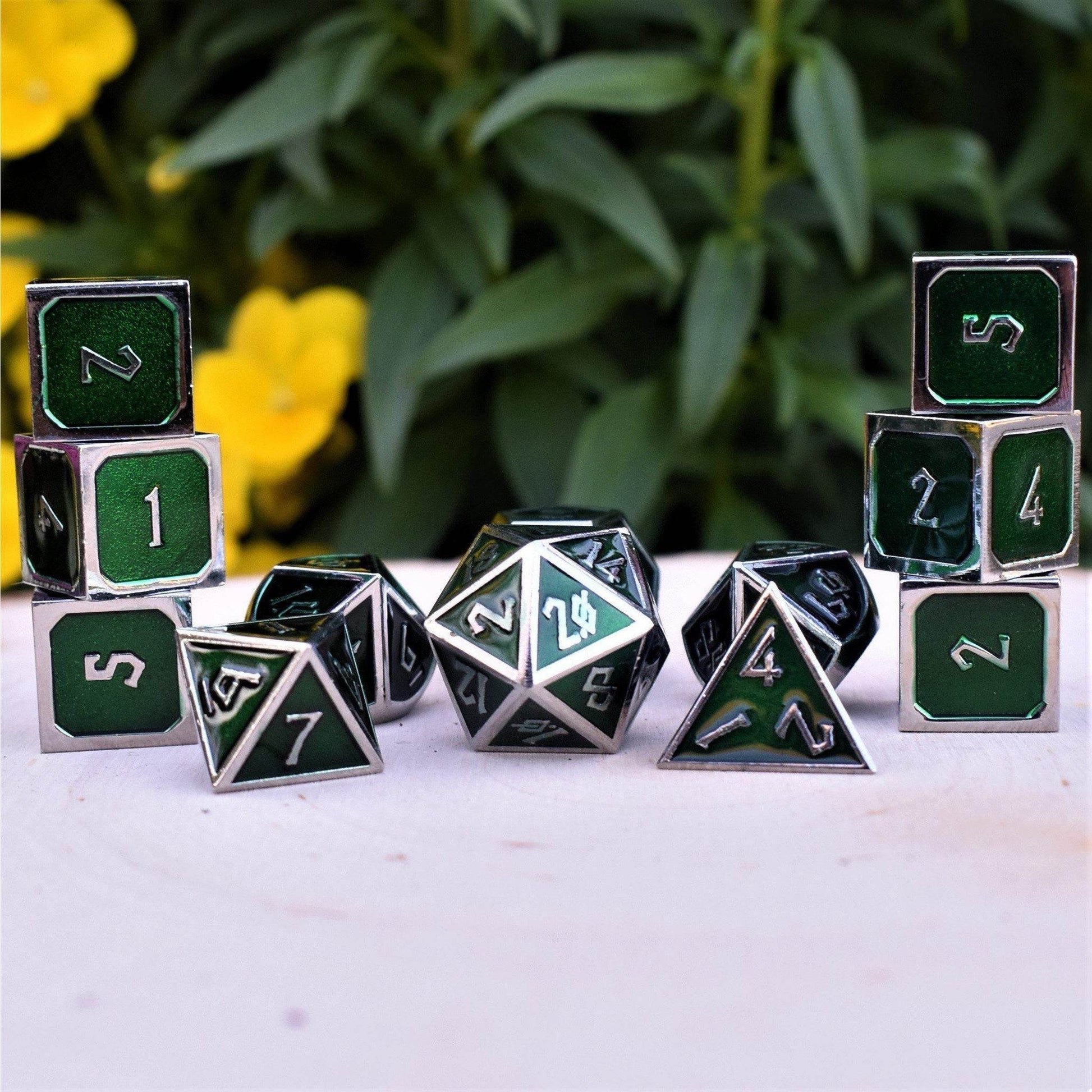 Elder Runes Emerald And Silver Metal Dice Set - 