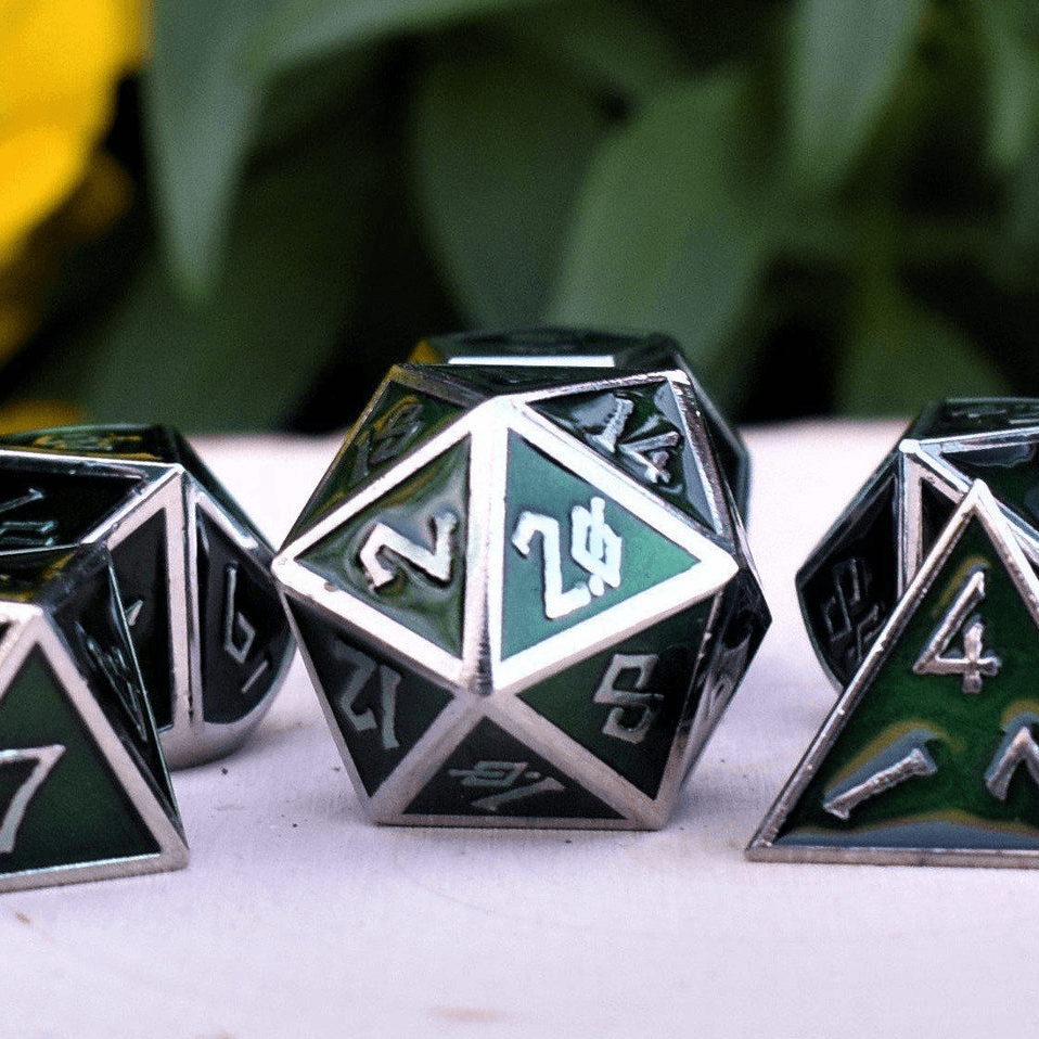 Elder Runes Emerald And Silver Metal Dice Set - 