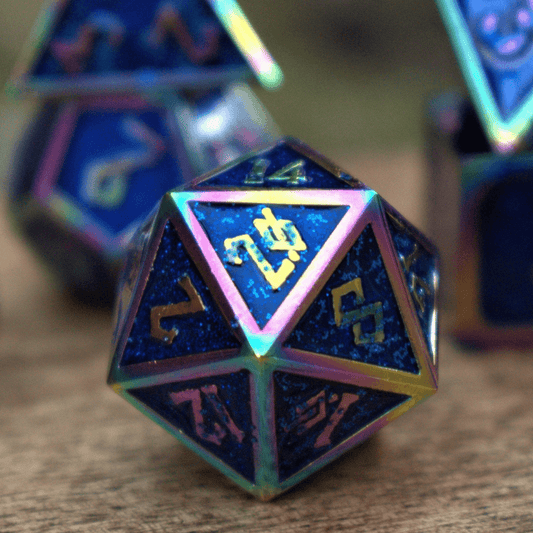 Elder Runes Iridescent And Blue Glitter Metal Dice Set - 