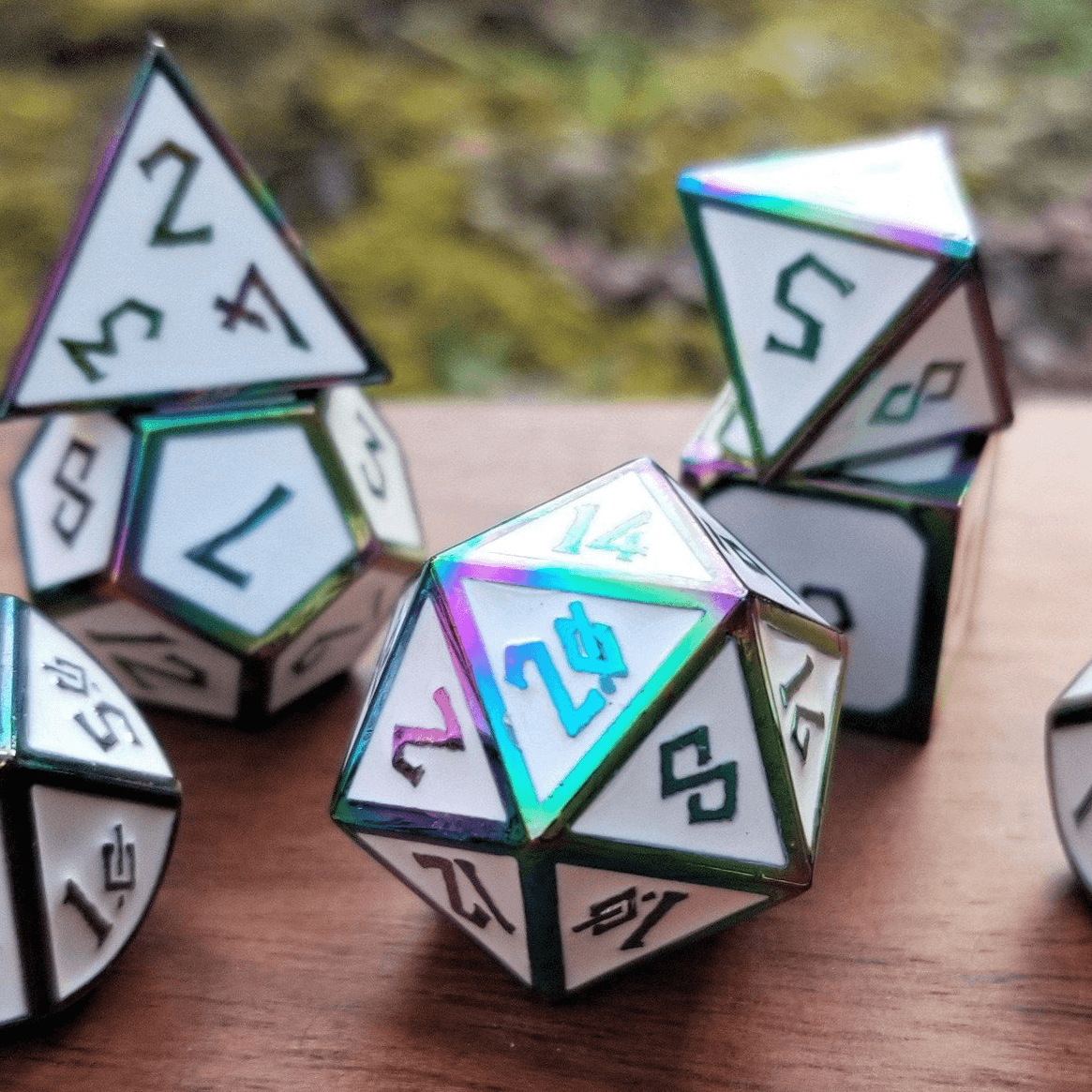 Elder Runes White And Irridescent Metal Dice Set - 