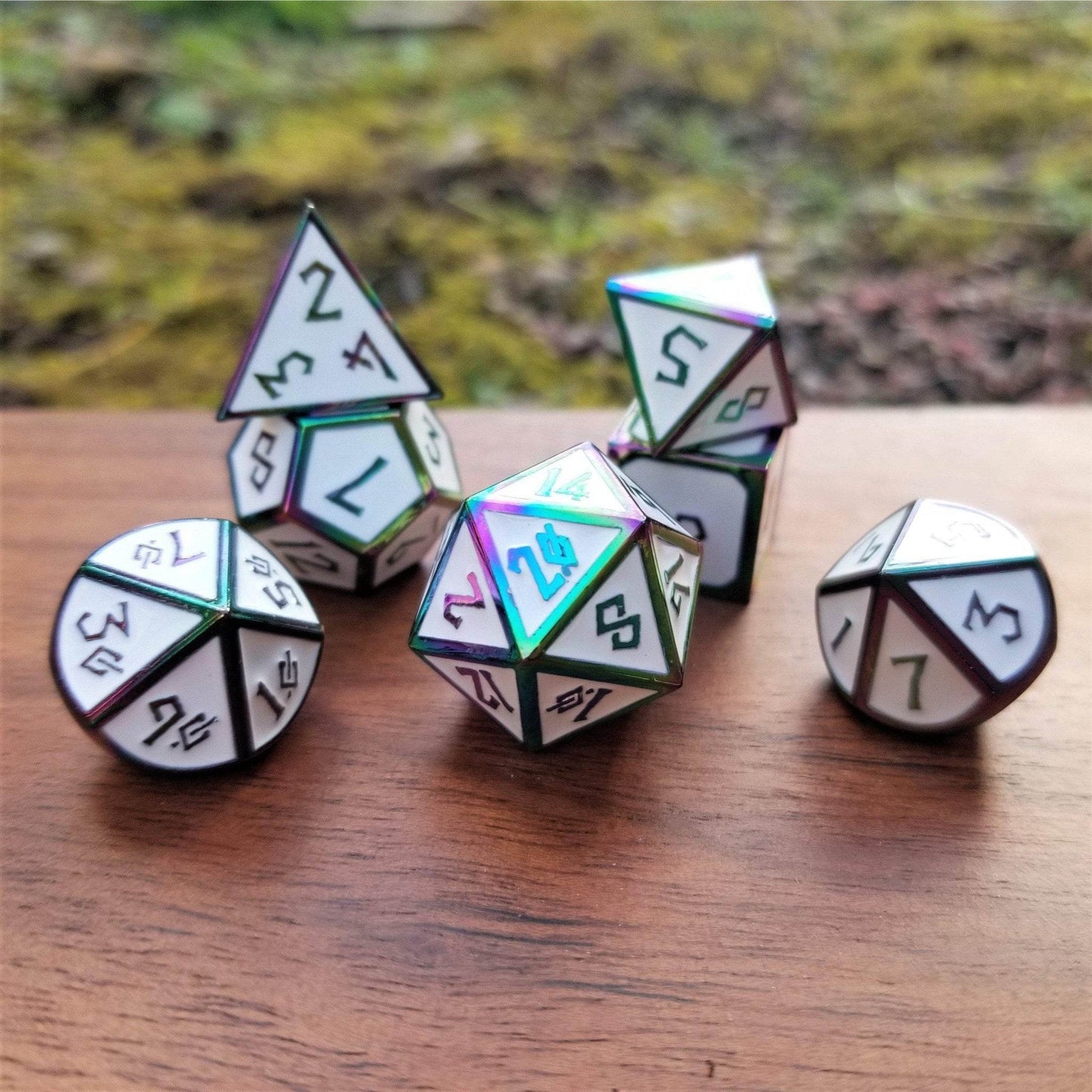 Elder Runes White And Irridescent Metal Dice Set - 