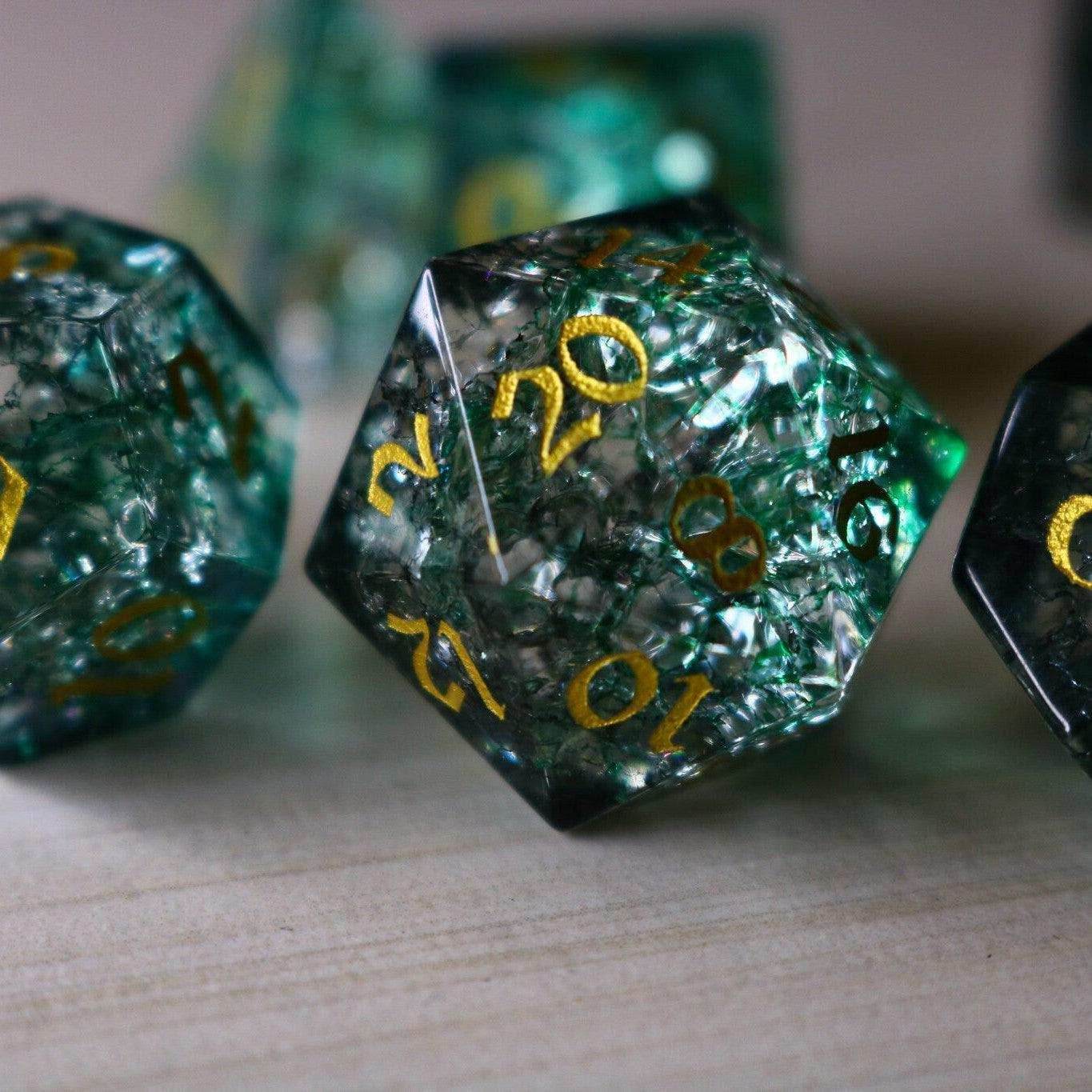 Elven Wood Green Forge Fire Glass DND Dice Set - Full Set And Free Dice Box