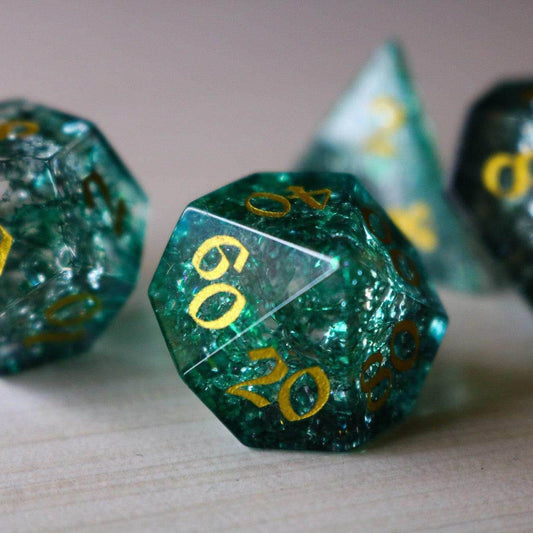 Elven Wood Green Forge Fire Glass DND Dice Set - Full Set And Free Dice Box