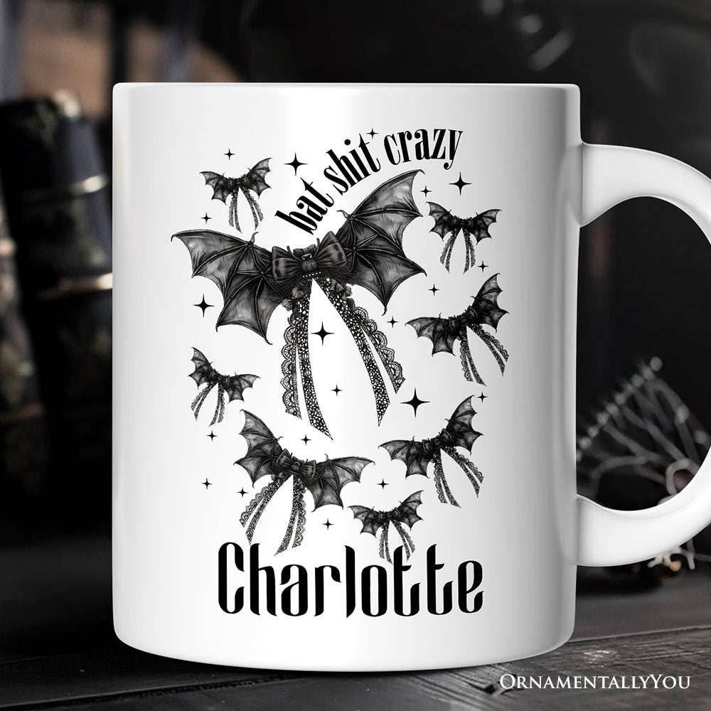 Bat Shit Crazy Coquette Bats Personalized Mug, Funny Halloween Gift with Custom Name - White / Customized