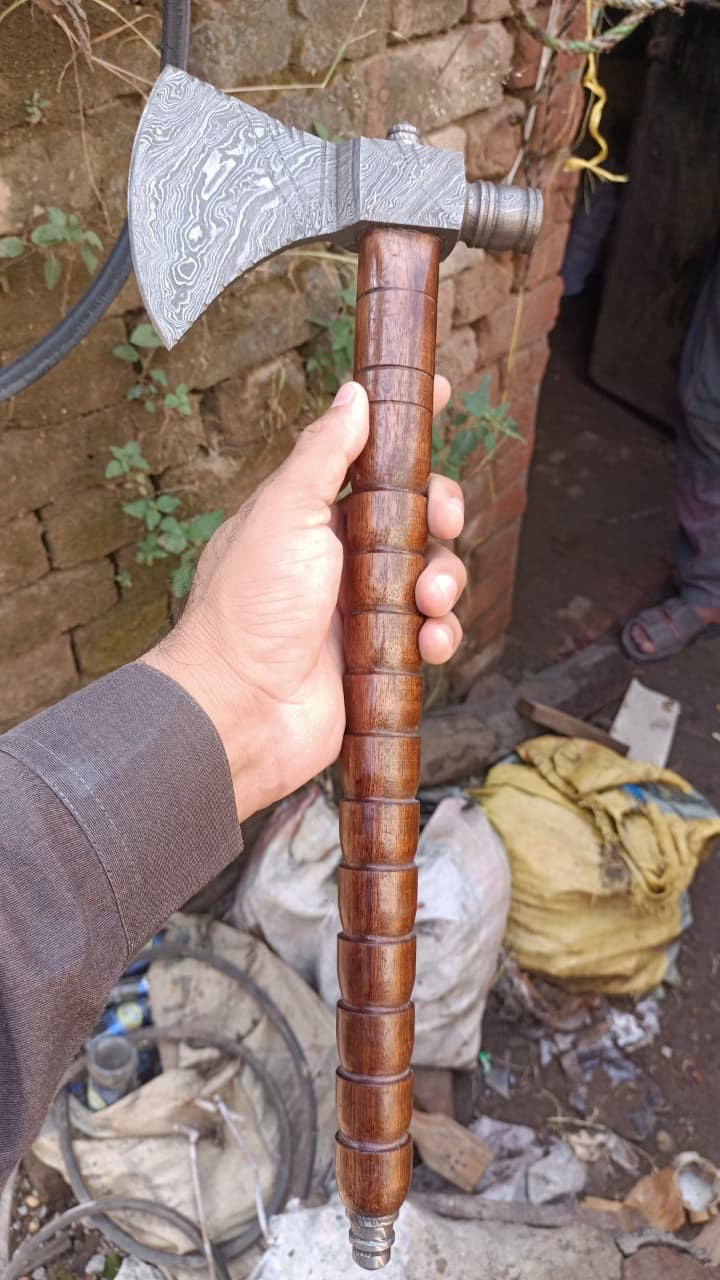 Collectible Artisan Pipe Axe in Damascus Steel with Hardwood Handle
