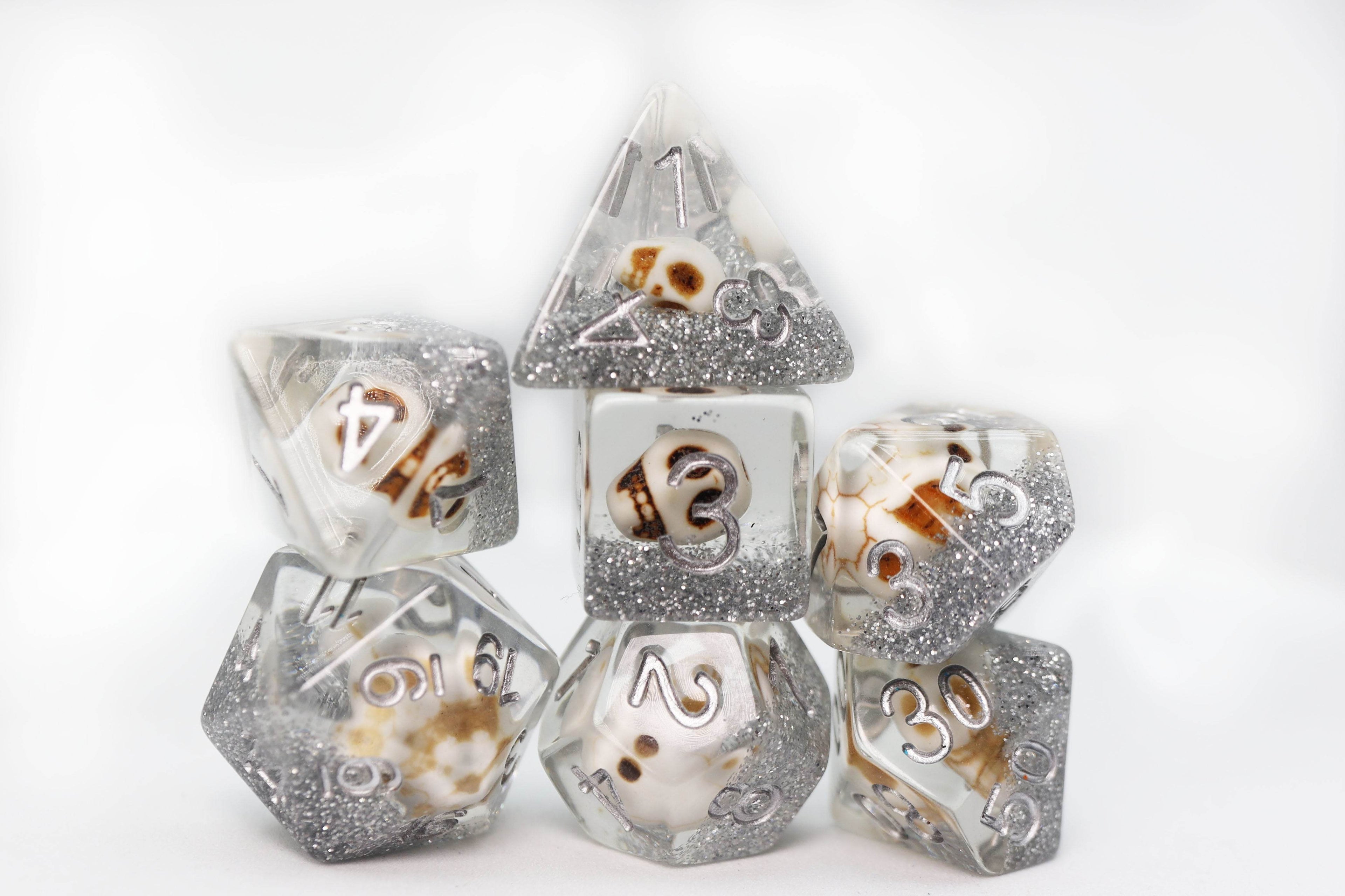 Skull and Silver Glitter RPG Dice Set - 