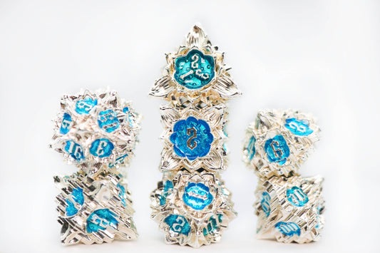 Floral Starburst: Silver Bluebells - Metal RPG Dice Set - 