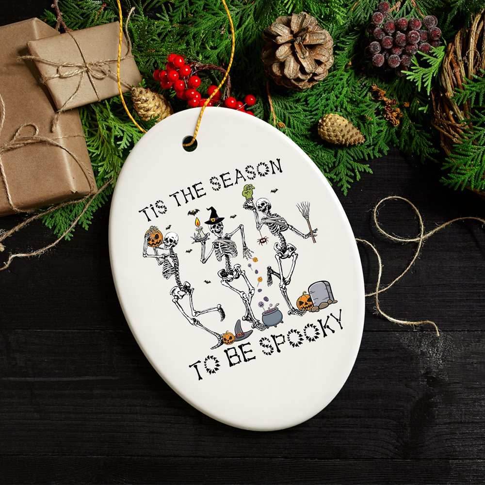 Dancing Playful Skeletons Tis the Season to be Spooky Ornament, Halloween Horror Tree Decoration - Oval