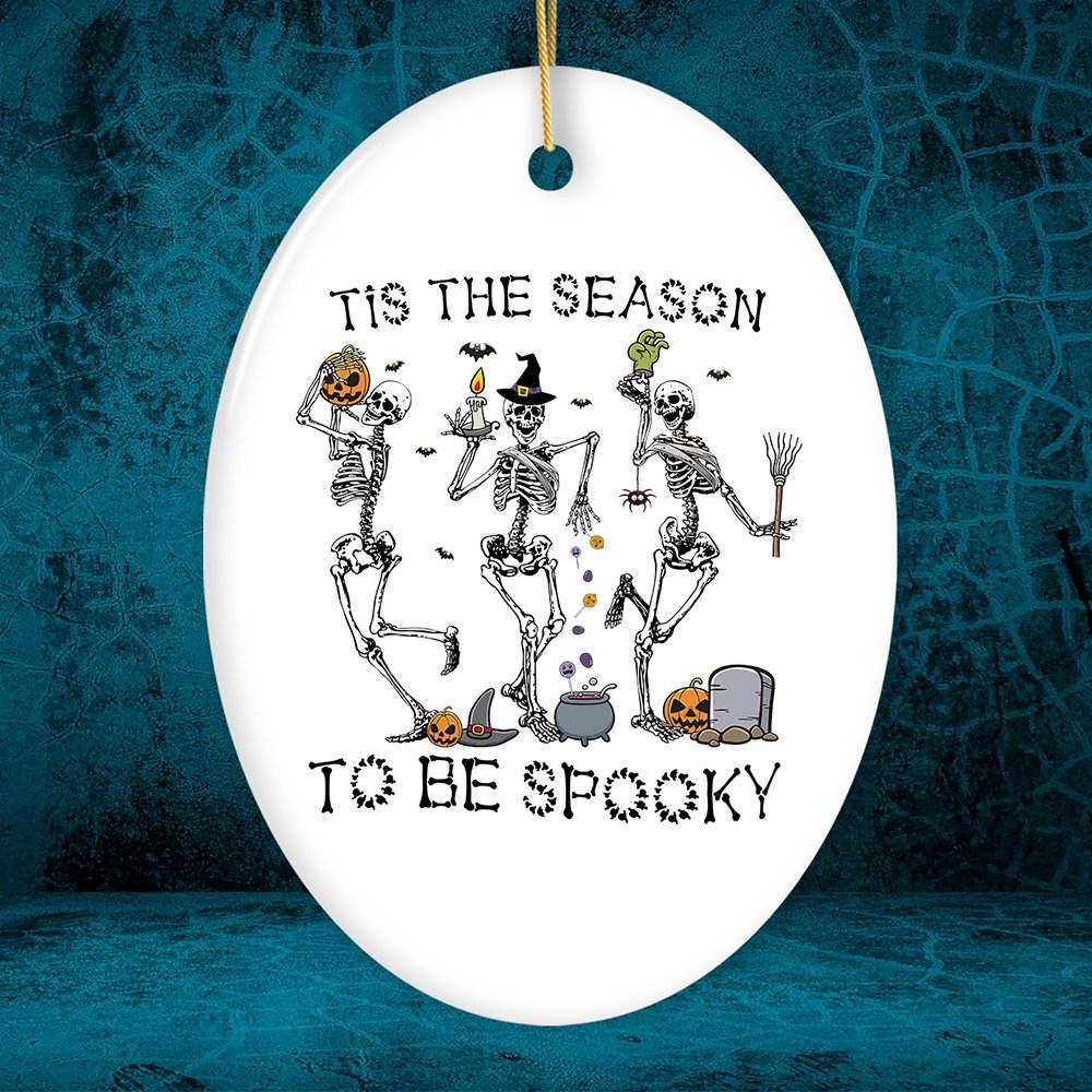 Dancing Playful Skeletons Tis the Season to be Spooky Ornament, Halloween Horror Tree Decoration - Oval