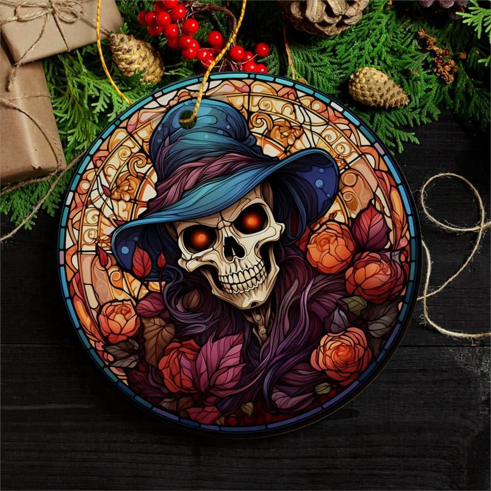 Elegant Skull with Blue Hat Stained Glass Style Ceramic Ornament, Halloween Themed Christmas Gift and Decor - Circle