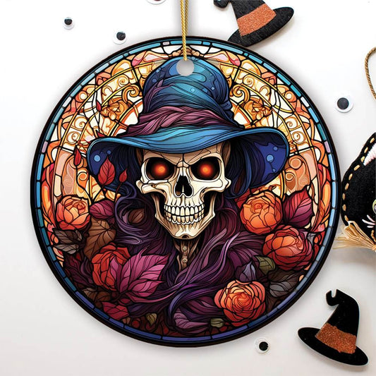 Elegant Skull with Blue Hat Stained Glass Style Ceramic Ornament, Halloween Themed Christmas Gift and Decor - Circle