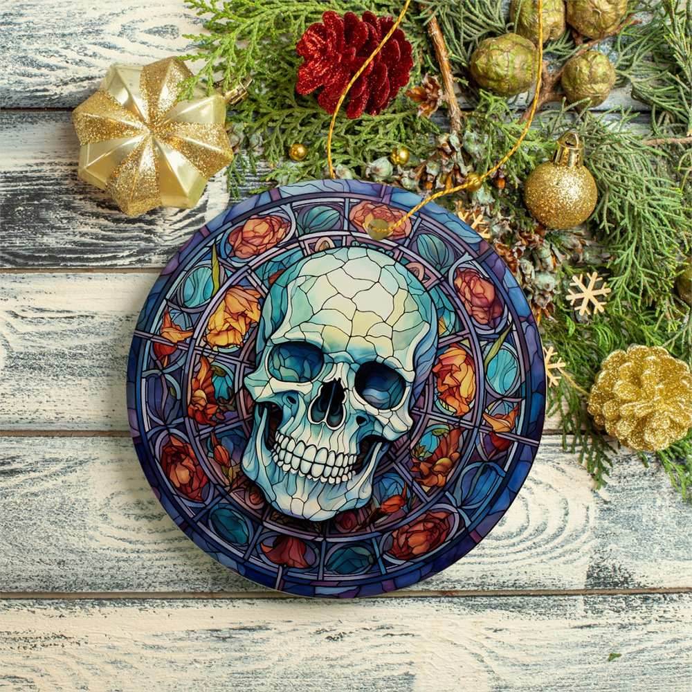 Ghastly Grin Spooky Halloween Skull Stained Glass Style Ceramic Ornament, Halloween Themed Christmas Gift and Decor - Circle